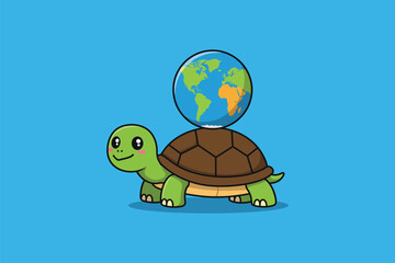 Turtle with World Shell Cartoon Vector Icon Illustration	
