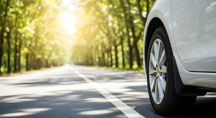 White Car Wheel on Sunlit Tree-Lined Asphalt Road - Scenic Summer Drive