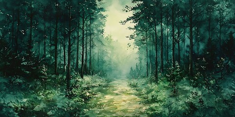 Obraz premium Beautiful forest pathway illuminated by bright light leading through majestic pine tree landscape