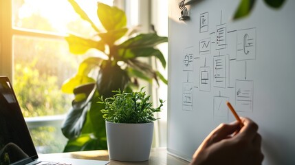 whiteboard with hand-drawn flowchart of design engineering process, office setting