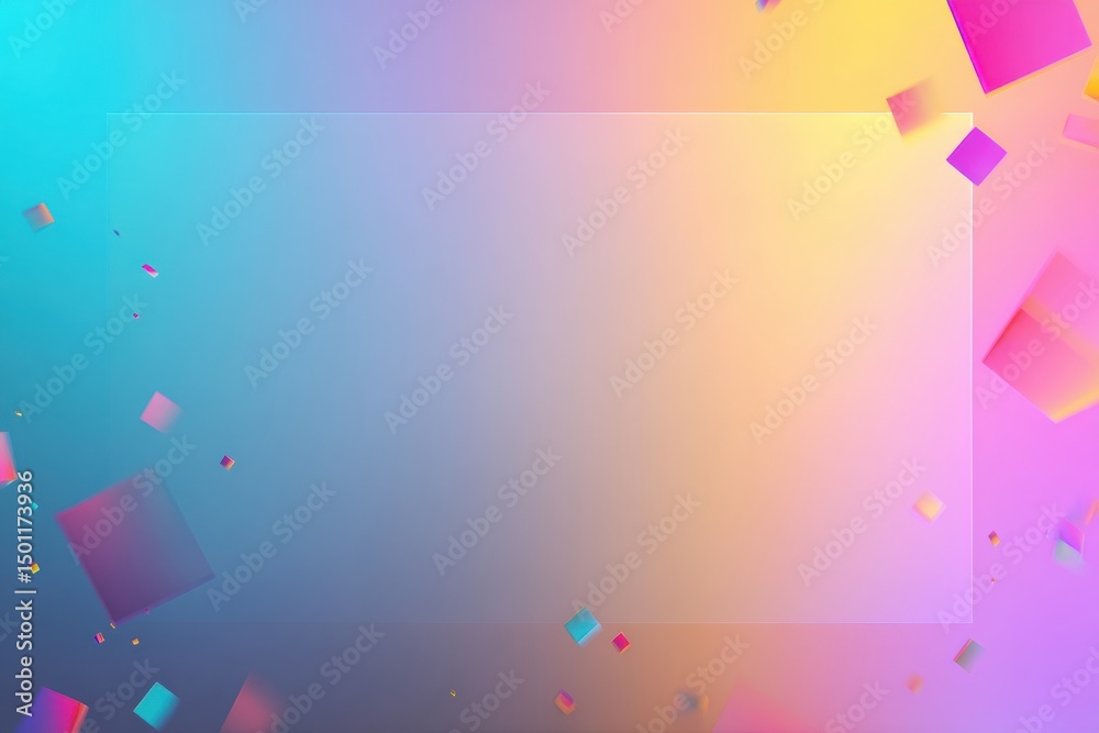Poster colorful gradient background with glitch-style stickers in the corner creating a vibrant and dynamic