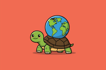 Turtle with World Shell Cartoon Vector Icon Illustration	