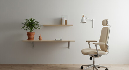 Minimalist home office workspace with beige chair