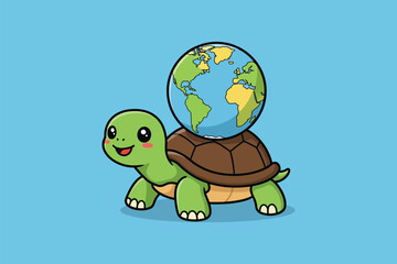 Turtle with World Shell Cartoon Vector Icon Illustration	