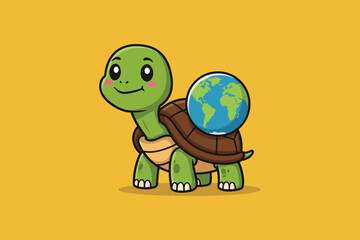 Turtle with World Shell Cartoon Vector Icon Illustration	