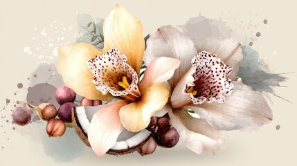 Orchid Bloom Harmony Exotic Flowers  Coconut Still Life Art.