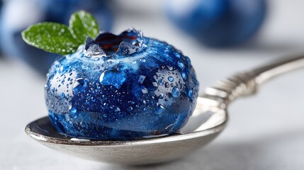 Fototapeta premium Fresh blueberry resting on silver spoon with vibrant color and reflection effects