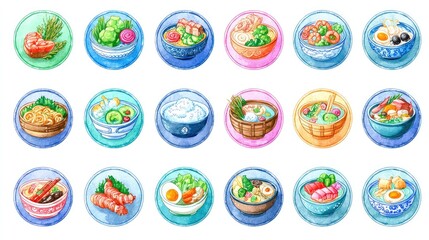 Obraz premium Watercolor Food Icons Asian Cuisine Delights in Round Frames.