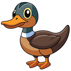 Cartoon mallard duck with a blue neckband stands looking cheerful on its orange feet