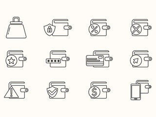 Wallet icon set in outline style vector design