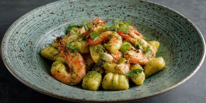 Fusion Gnocchi with Pesto and Grilled Prawns on Textured Ceramic Plate