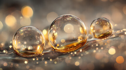 Golden oil bubbles on a reflective surface illuminated with soft bokeh background