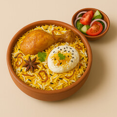 Delicious chicken biryani with egg and side salad