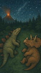 Fototapeta premium Dinosaurs stargazing under volcano.