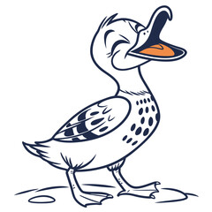 Happy duck with closed eyes laughs heartily showing orange beak interior on white surface