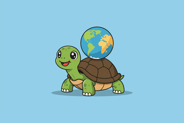 Turtle with World Shell Cartoon Vector Icon Illustration	