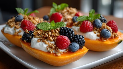 Papaya halves filled with yogurt, granola, and fresh berries including raspberries, blueberries, and blackberries, garnished with mint leaves.