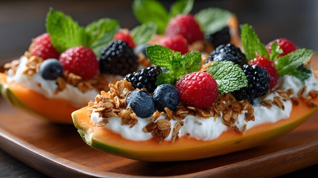 Papaya halves filled with yogurt, granola, and a mix of fresh berries. Garnished with mint leaves for a vibrant and healthy dessert.