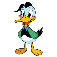 A smiling cartoon duck stands confidently with his hands tucked under his arms