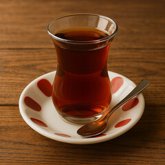 Turkish tea in a traditional glass on a spotted saucer