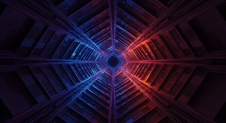 Abstract geometric tunnel structure with blue and orange light perspective