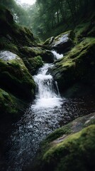 Fototapeta premium A serene waterfall cascading through a lush mossy forest