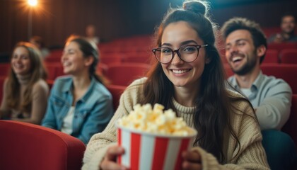Obraz premium Smiling woman holding popcorn in a movie theater