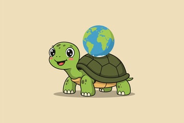 Turtle with World Shell Cartoon Vector Icon Illustration	