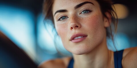 Fototapeta premium A woman with freckles and blue eyes looks confidently at the camera in a softly lit indoor setting.