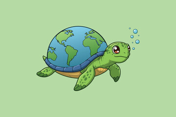 Turtle with World Shell Cartoon Vector Icon Illustration	