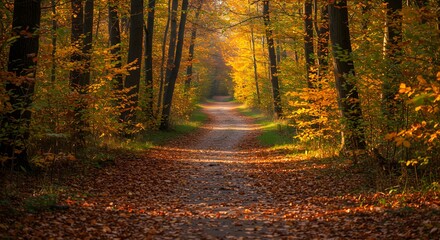 Obraz premium Autumn forest path with golden light and fallen leaves in the woods