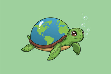 Turtle with World Shell Cartoon Vector Icon Illustration	