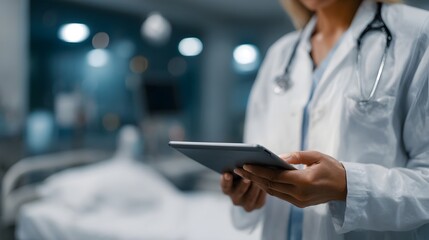 Doctor using a digital tablet to review patient data in a smart hospital room
