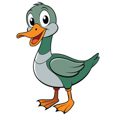 Cartoon duck smiles broadly with its beak open, standing upright looking friendly on white