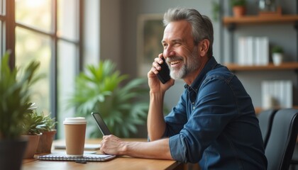Cheerful senior man enjoying a phone call