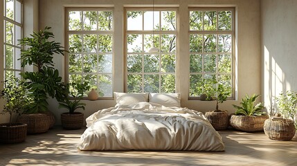 Fototapeta premium Corner view of bedroom with bed and plants enhanced by natural light from window simulation