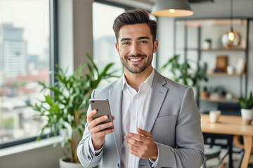 A smiling young man in a gray suit and white shirt holds a smartphone while standing in a modern office space with a city view.