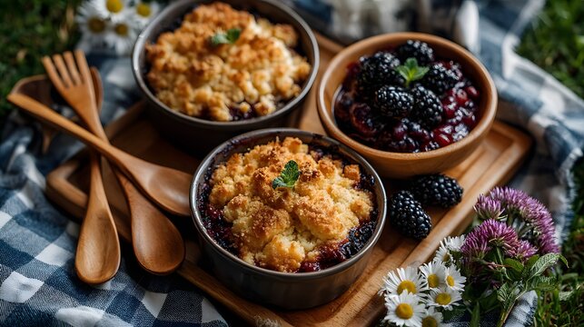 Berry desserts on wooden board with wooden utensils. Bowls of crumble and whole blackberries surrounded by flowers on a patterned cloth.
