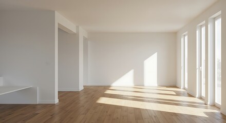 Fototapeta premium Sunlit Empty Room with Hardwood Floor and Large Windows
