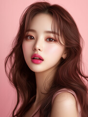 Fototapeta premium Portrait of a young Korean woman with long brown hair and soft makeup against a pink background