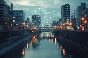 Obraz premium Meguro River area flowing with digital particles and smart city