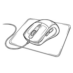 Detailed Black and White Illustration of a Computer Mouse and Pad