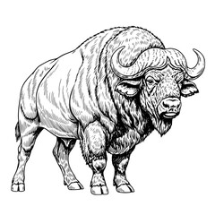 Detailed Black and White Illustration of a Powerful African Buffalo