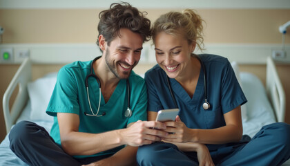 Obraz premium Joyful healthcare professionals sharing a light moment