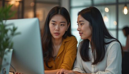 Two women collaborating at a computer in a modern workspace