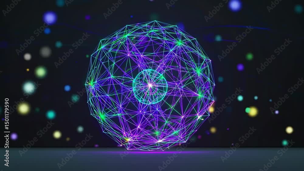 Poster glowing plexus sphere hovering over a reflective surface, with a soft-focus bokeh background creatin