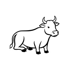 Stylized Black and White Illustration of a Resting Horned Cow