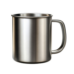 Stainless steel metal camping mug mockup Shiny coffee cup for outdoor on transparent background