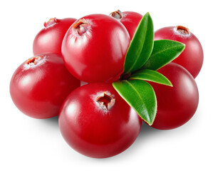 Cranberry isolated png. Cranberries with leaf on white or transparent background.. Cranberry berries heap with leaves no background. Perfect retouched image. Full depth of field.