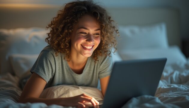 Joyful woman using laptop in bed at night